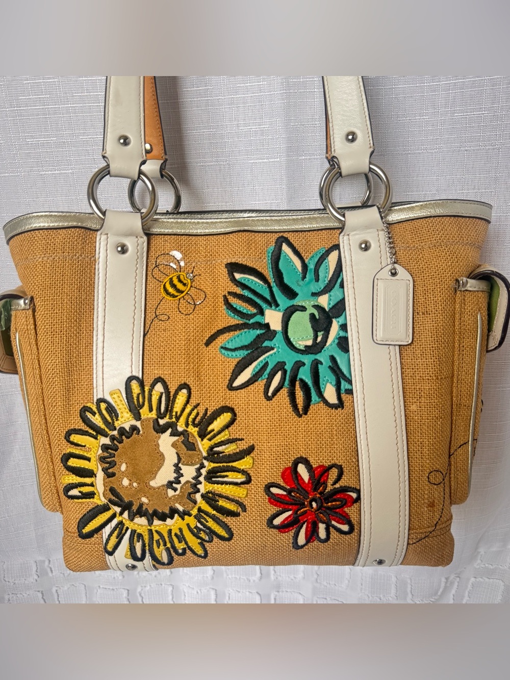 Coach vintage Canvas Floral Tote Handbag in Mustard Yellow with bumblebee 🐝 - Picture 2 of 10